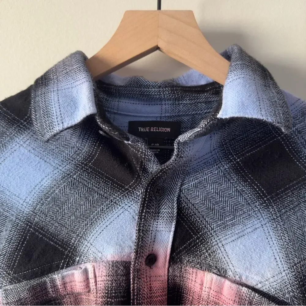 True Religion ombré flannel Plaid Button-down Shirt long sleeve collared pockets